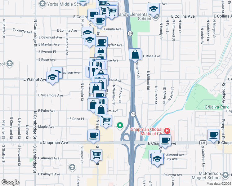 map of restaurants, bars, coffee shops, grocery stores, and more near 415 North Wayfield Street in Orange