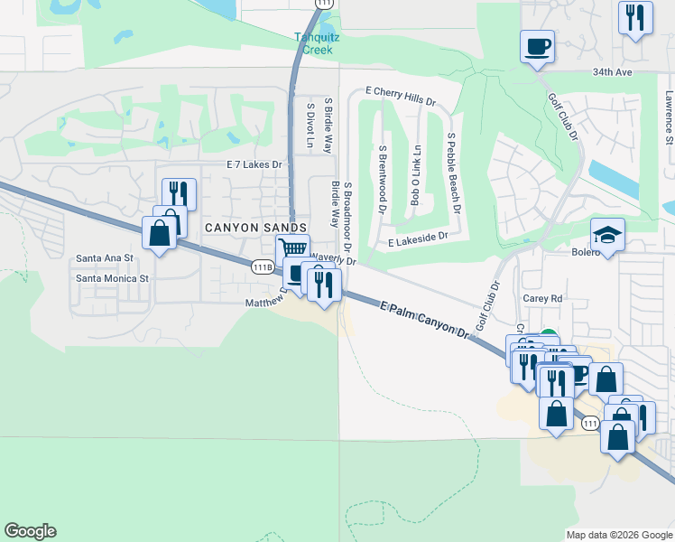 map of restaurants, bars, coffee shops, grocery stores, and more near 2601 South Broadmoor Drive in Palm Springs