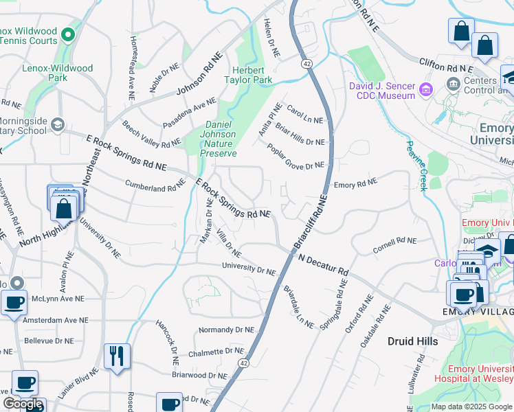 map of restaurants, bars, coffee shops, grocery stores, and more near 1360 Edmund Court in Atlanta