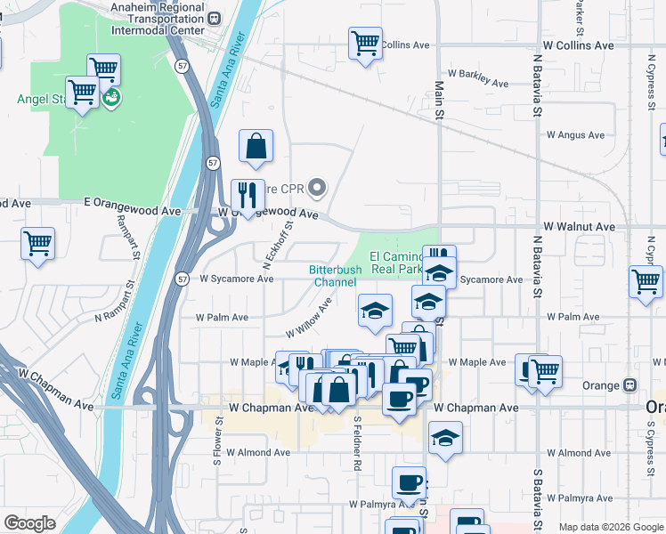 map of restaurants, bars, coffee shops, grocery stores, and more near 419 North Cedar Street in Orange
