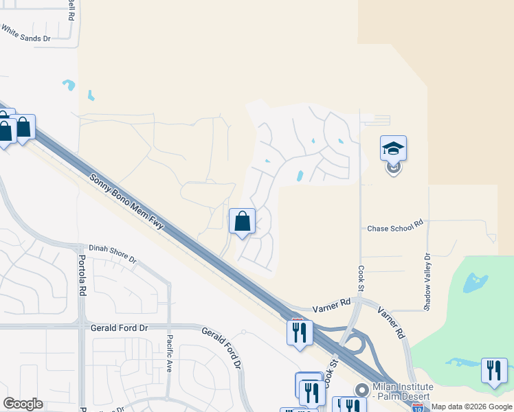 map of restaurants, bars, coffee shops, grocery stores, and more near 74554 Stage Line Drive in Thousand Palms
