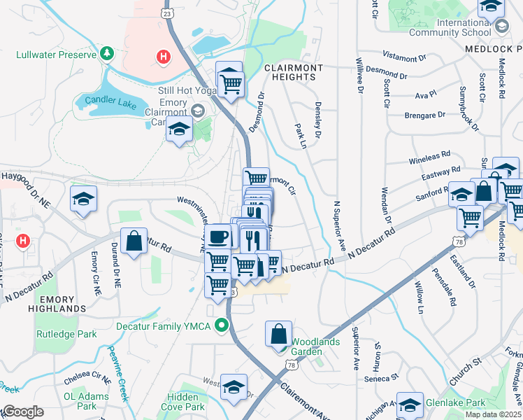 map of restaurants, bars, coffee shops, grocery stores, and more near Emory Oaks Way in Decatur