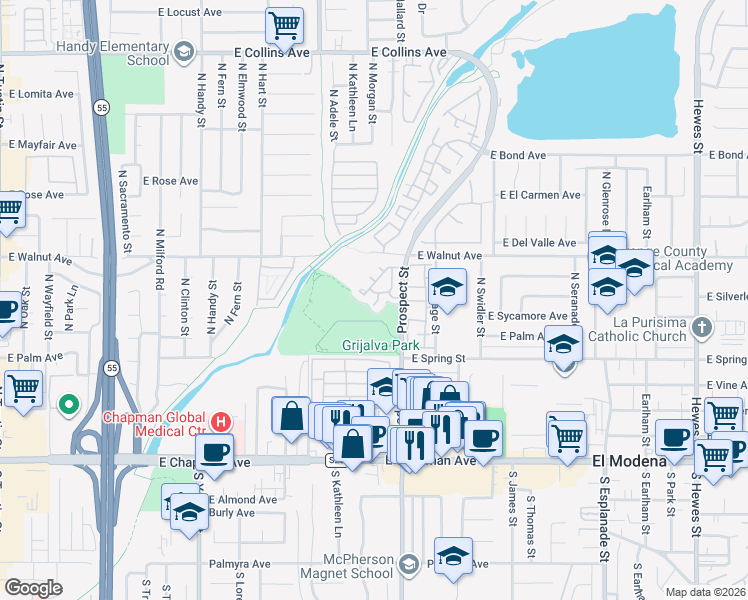 map of restaurants, bars, coffee shops, grocery stores, and more near 406 North Kenwood in Orange