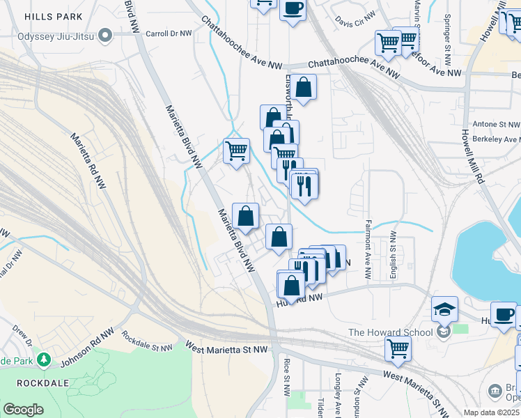 map of restaurants, bars, coffee shops, grocery stores, and more near 1370 Stirling Circle Northwest in Atlanta