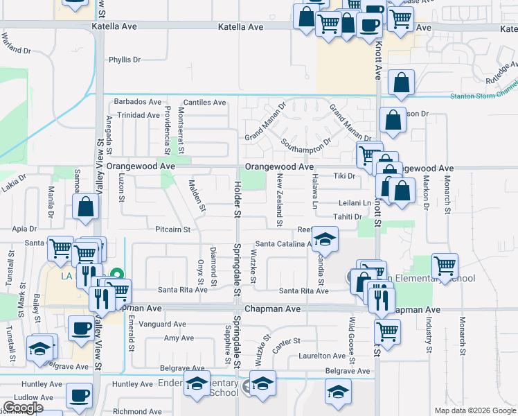 map of restaurants, bars, coffee shops, grocery stores, and more near 6564 Ulithi Street in Cypress