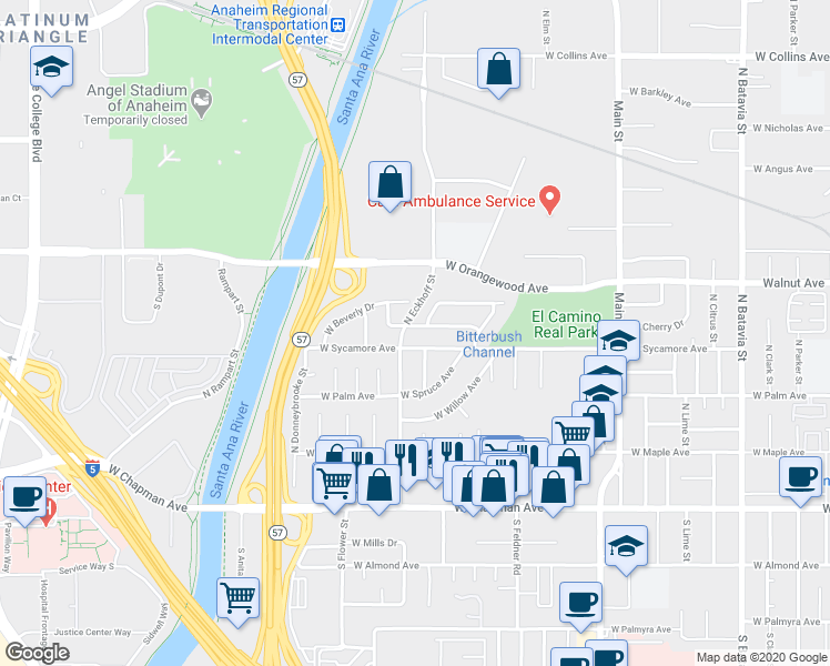 map of restaurants, bars, coffee shops, grocery stores, and more near 2032 West Cherry Drive in Orange