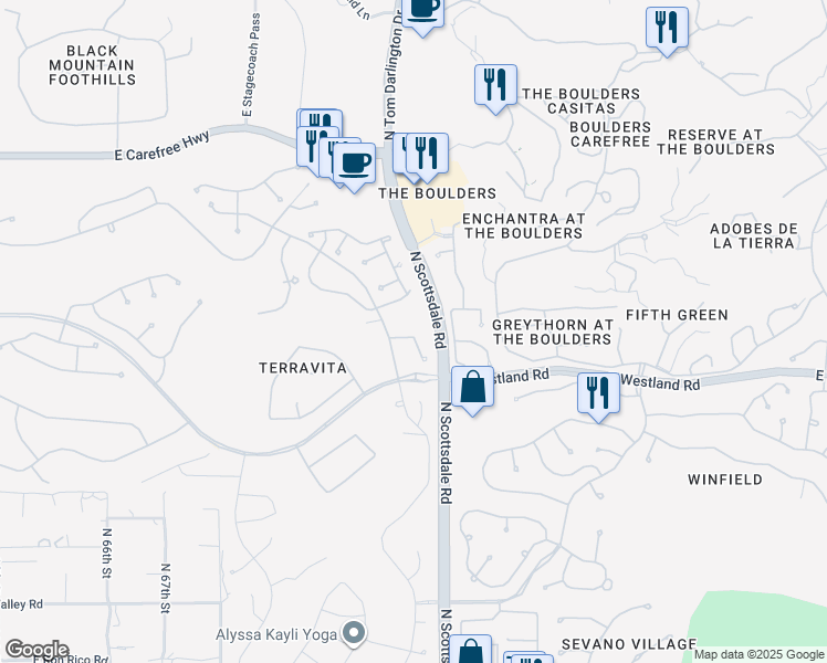 map of restaurants, bars, coffee shops, grocery stores, and more near 7140 East Night Glow Circle in Scottsdale