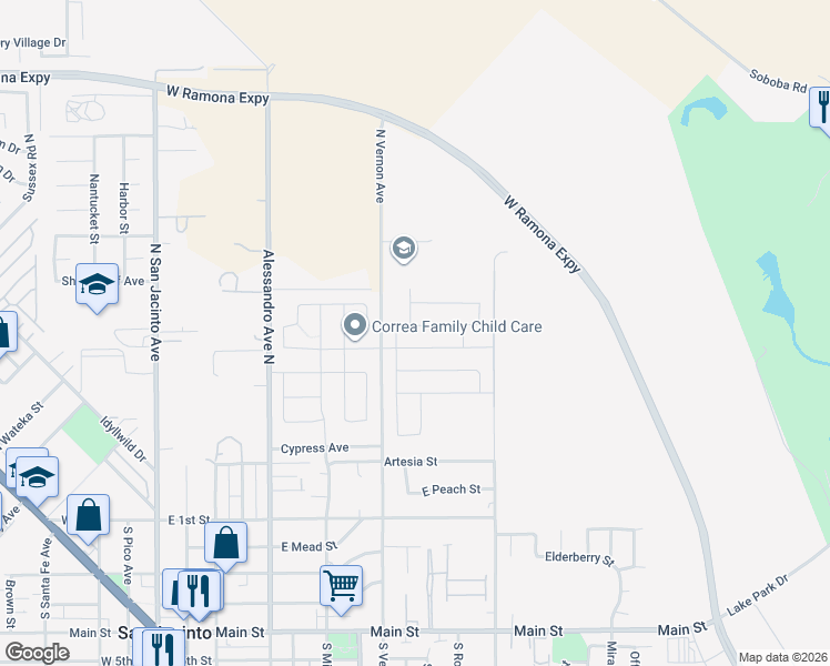 map of restaurants, bars, coffee shops, grocery stores, and more near in San Jacinto