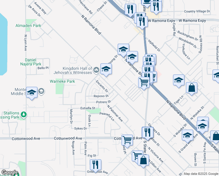 map of restaurants, bars, coffee shops, grocery stores, and more near 1008 De Anza Drive in San Jacinto