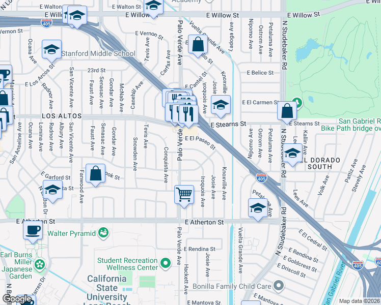 map of restaurants, bars, coffee shops, grocery stores, and more near 6424 East Bayard Street in Long Beach