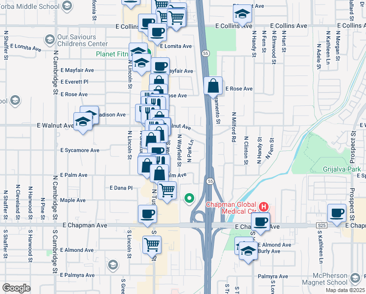 map of restaurants, bars, coffee shops, grocery stores, and more near 415 North Wayfield Street in Orange
