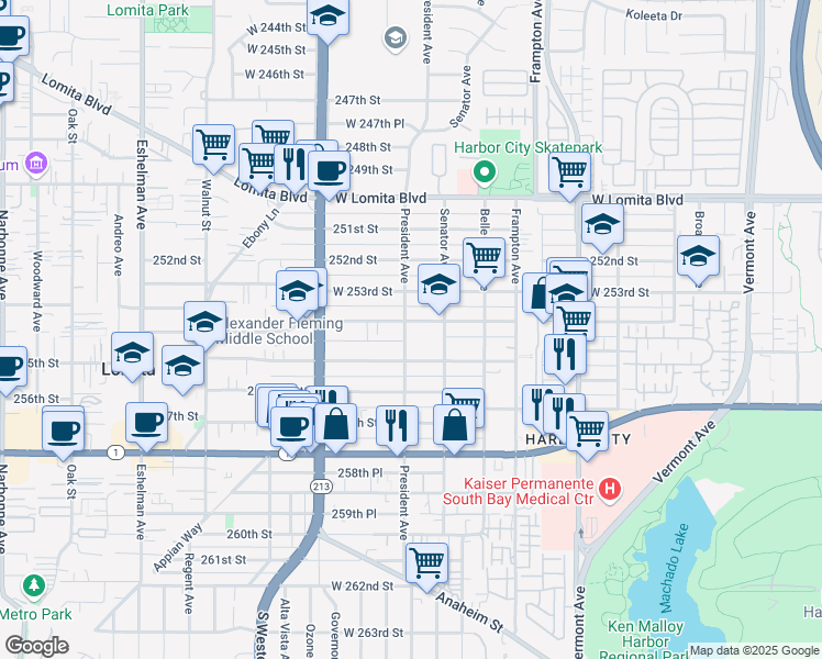map of restaurants, bars, coffee shops, grocery stores, and more near 1508 254th Street in Los Angeles