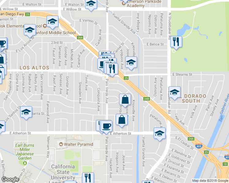 map of restaurants, bars, coffee shops, grocery stores, and more near 6424 East Bayard Street in Long Beach