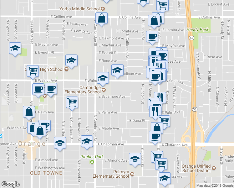 map of restaurants, bars, coffee shops, grocery stores, and more near 1133 East Sycamore Avenue in Orange