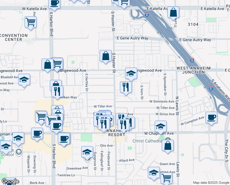 map of restaurants, bars, coffee shops, grocery stores, and more near Haster Street & West Wilken Way in Anaheim