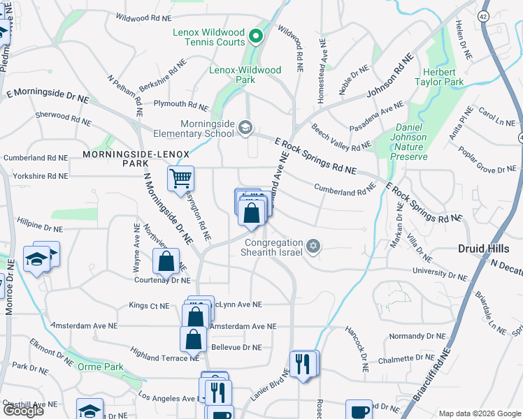 map of restaurants, bars, coffee shops, grocery stores, and more near 1081 High Point Drive Northeast in Atlanta