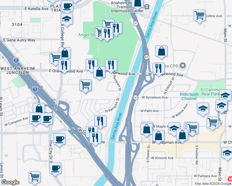 map of restaurants, bars, coffee shops, grocery stores, and more near 2190 South Towne Centre Place in Anaheim