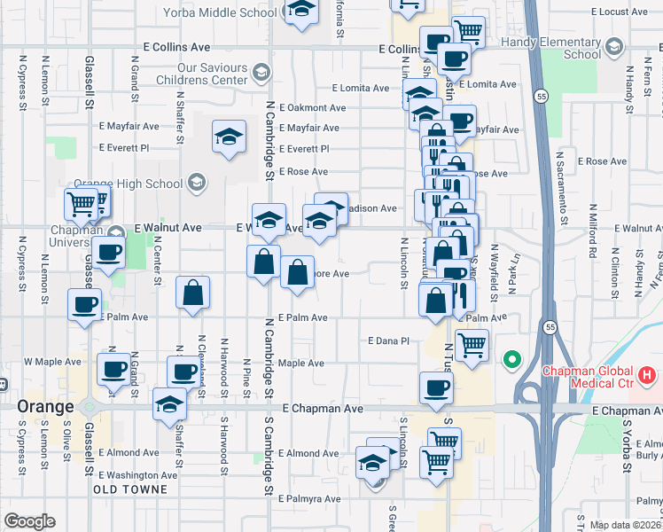 map of restaurants, bars, coffee shops, grocery stores, and more near 1133 East Sycamore Avenue in Orange