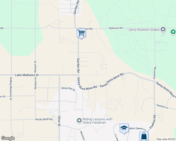 map of restaurants, bars, coffee shops, grocery stores, and more near 22450 Gavilan Road in Perris