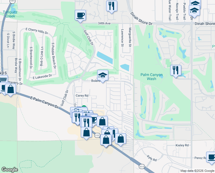 map of restaurants, bars, coffee shops, grocery stores, and more near 265 Encino Drive in Palm Springs