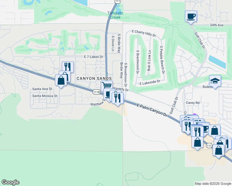 map of restaurants, bars, coffee shops, grocery stores, and more near 2601 South Broadmoor Drive in Palm Springs