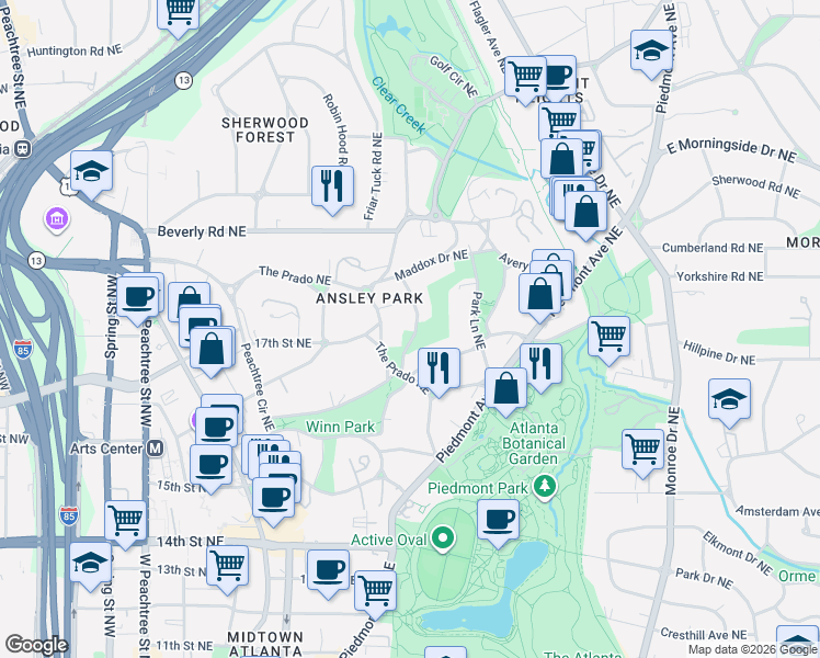 map of restaurants, bars, coffee shops, grocery stores, and more near 141 The Prado Northeast in Atlanta