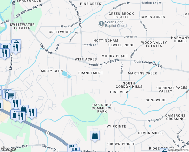 map of restaurants, bars, coffee shops, grocery stores, and more near 6567 Brandemere Way Southwest in Austell