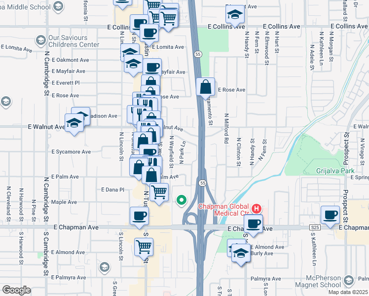 map of restaurants, bars, coffee shops, grocery stores, and more near 421 North Park Lane in Orange
