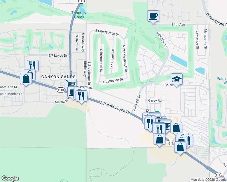 map of restaurants, bars, coffee shops, grocery stores, and more near 5300 East Waverly Drive in Palm Springs