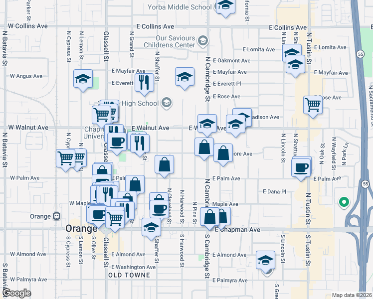 map of restaurants, bars, coffee shops, grocery stores, and more near 713 East Sycamore Avenue in Orange