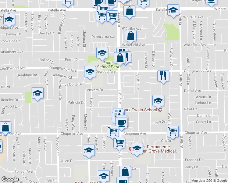 map of restaurants, bars, coffee shops, grocery stores, and more near 10952 Vickers Drive in Garden Grove