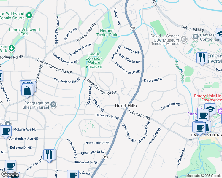 map of restaurants, bars, coffee shops, grocery stores, and more near 1360 Edmund Court in Atlanta