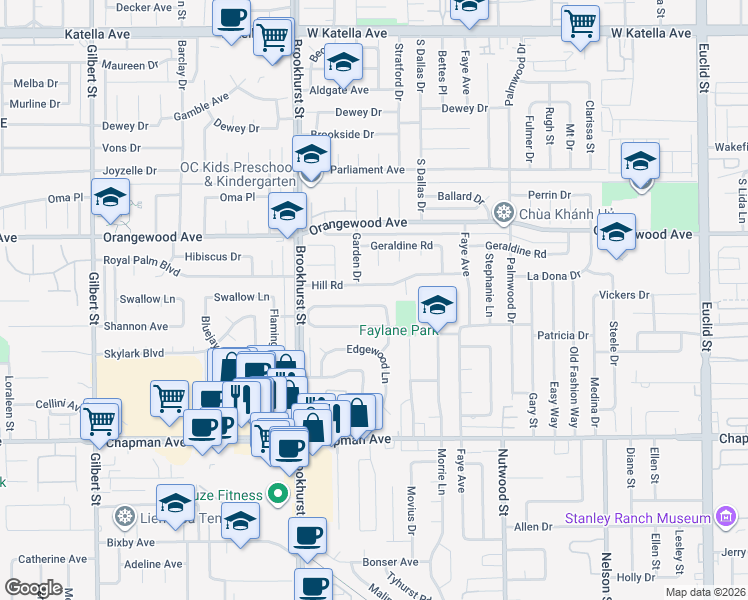 map of restaurants, bars, coffee shops, grocery stores, and more near 10171 McMichael Drive in Garden Grove