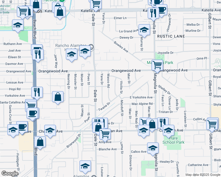 map of restaurants, bars, coffee shops, grocery stores, and more near 11641 Wasco Road in Garden Grove