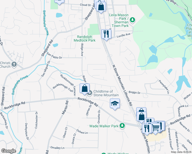 map of restaurants, bars, coffee shops, grocery stores, and more near 5384 Ridge Forest Drive in Stone Mountain