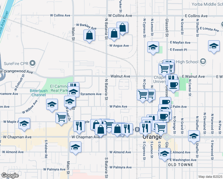 map of restaurants, bars, coffee shops, grocery stores, and more near 410 North Clark Street in Orange