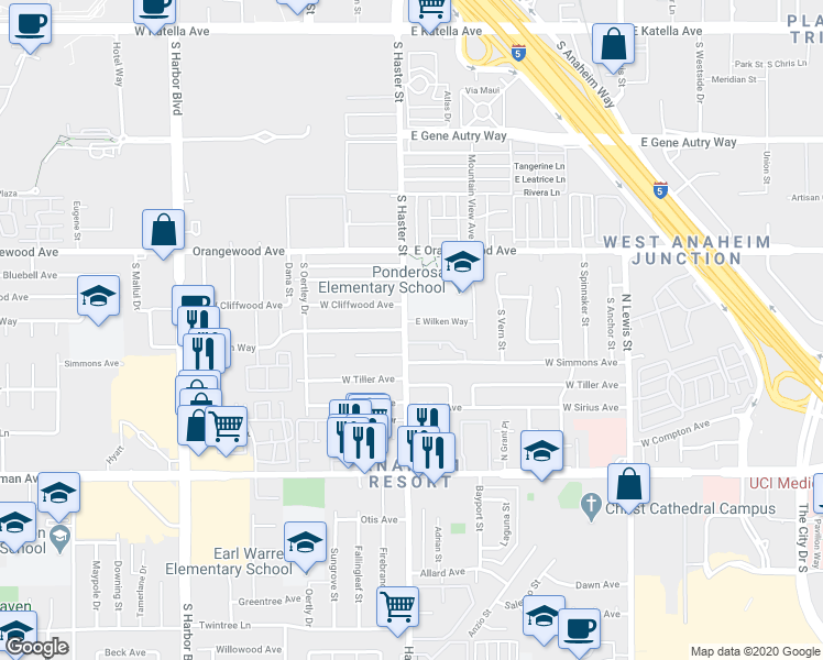 map of restaurants, bars, coffee shops, grocery stores, and more near 104 E Wilken Way in Anaheim