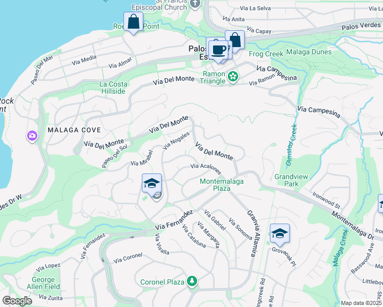 map of restaurants, bars, coffee shops, grocery stores, and more near 2233 Vía Guadalana in Palos Verdes Estates