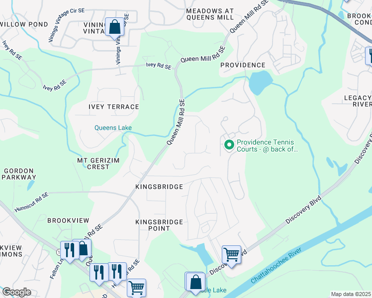 map of restaurants, bars, coffee shops, grocery stores, and more near 6405 Knighted Court in Mableton