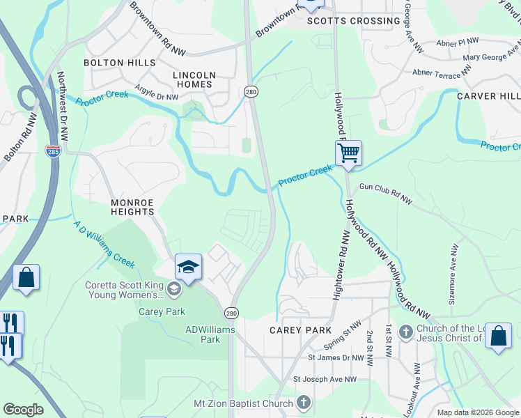 map of restaurants, bars, coffee shops, grocery stores, and more near 1692 James Jackson Pkwy NW in Atlanta