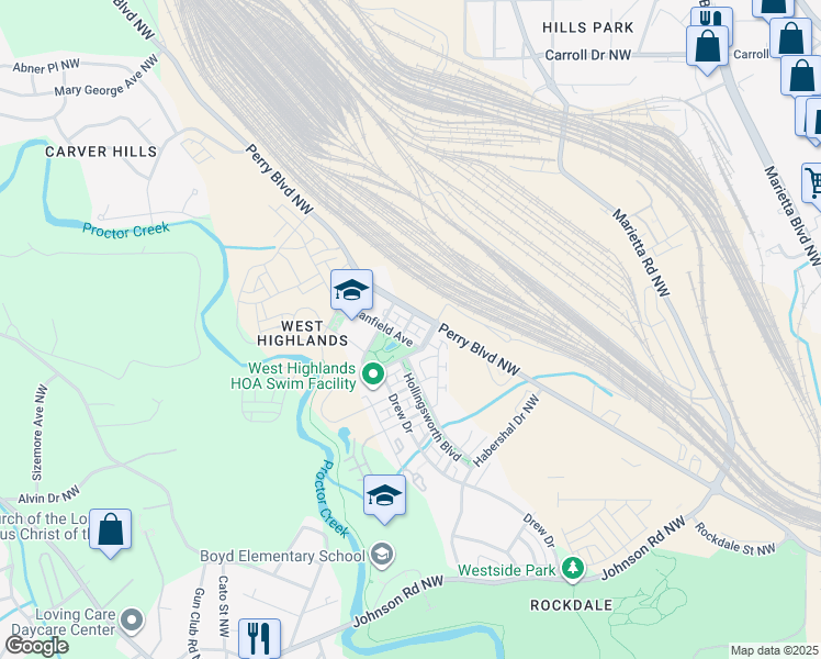 map of restaurants, bars, coffee shops, grocery stores, and more near 973 Arthur Lane in Atlanta