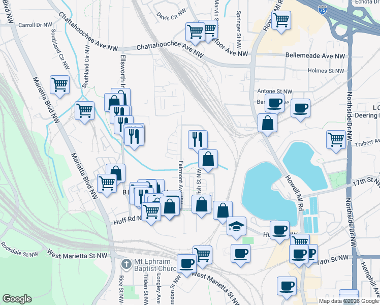 map of restaurants, bars, coffee shops, grocery stores, and more near 1429 Fairmont Avenue Northwest in Atlanta