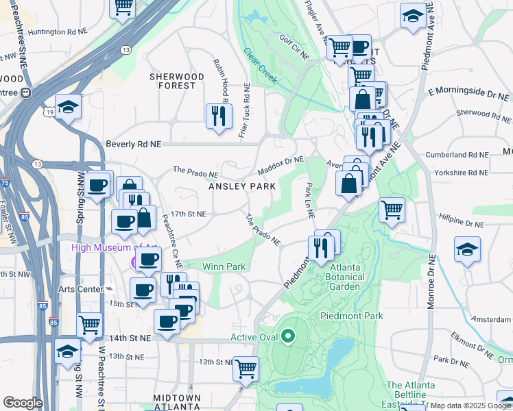 map of restaurants, bars, coffee shops, grocery stores, and more near 141 The Prado Northeast in Atlanta