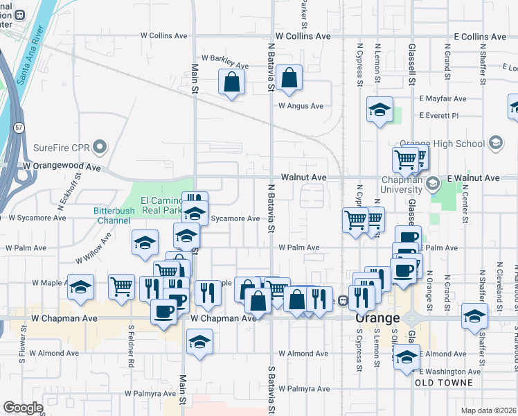 map of restaurants, bars, coffee shops, grocery stores, and more near 419 North Citrus Street in Orange