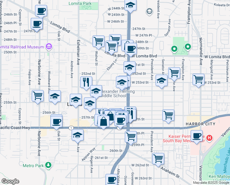 map of restaurants, bars, coffee shops, grocery stores, and more near 1755 254th Street in Lomita
