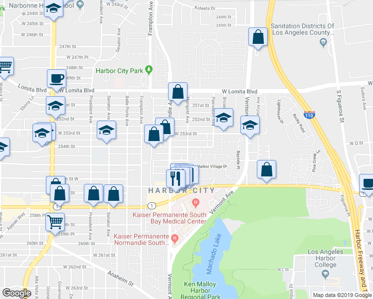 map of restaurants, bars, coffee shops, grocery stores, and more near 1102 254th Street in Los Angeles