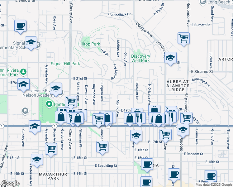 map of restaurants, bars, coffee shops, grocery stores, and more near 2001 Molino Avenue in Signal Hill