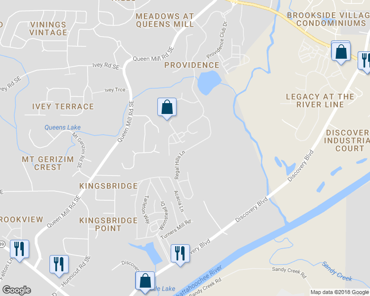 map of restaurants, bars, coffee shops, grocery stores, and more near 1024 Regal Hills Lane in Mableton