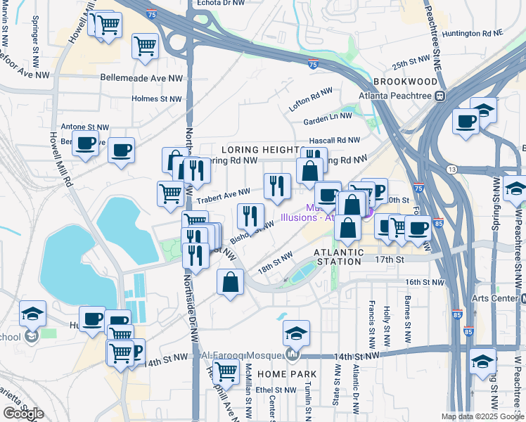map of restaurants, bars, coffee shops, grocery stores, and more near 465 Bishop Street Northwest in Atlanta