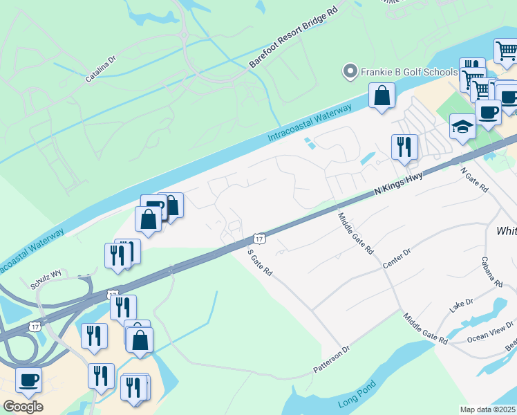 map of restaurants, bars, coffee shops, grocery stores, and more near 1 Dolphin Court in Myrtle Beach